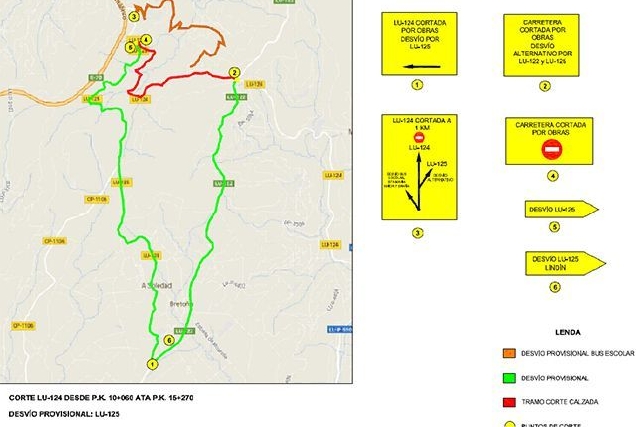 Mapa da localización das obras e os cortes que se realizarán na LU 124.