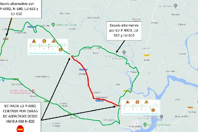 mapa desvio portomarin obras corte trafico